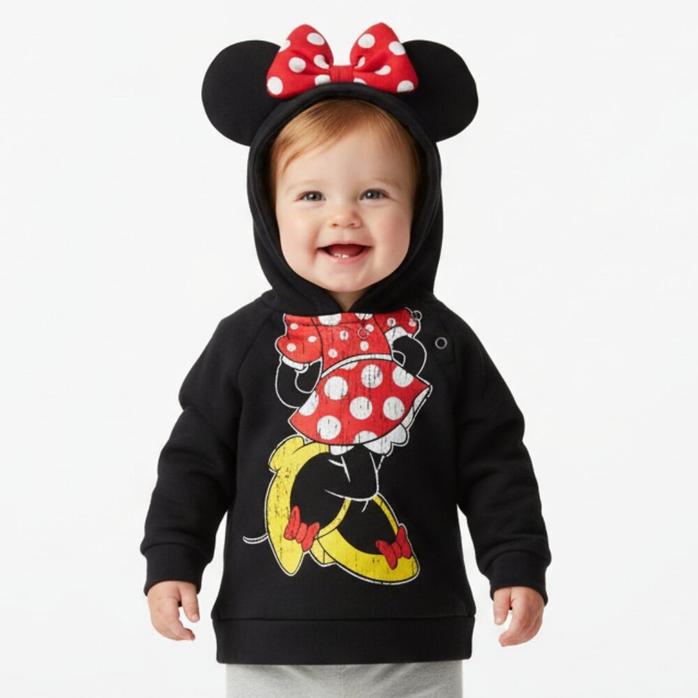Disney Parks Baby Minnie‎ Hoodie Girls Size 6 Months Costume Bow Black Long Hood